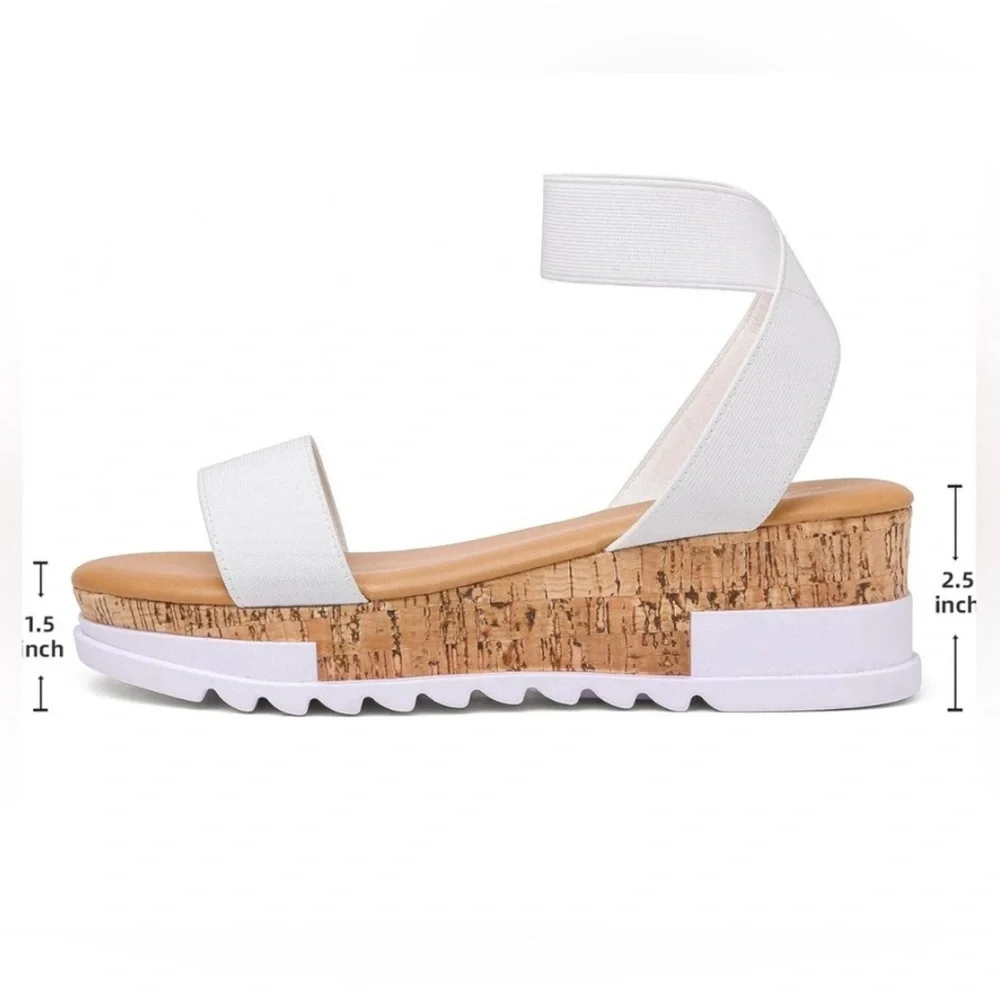 KATLIU WEDGE CORK PLATFORM SANDALS ELASTIC ANKLE STRAP WOMENS WHITE COLOR SIZE 9